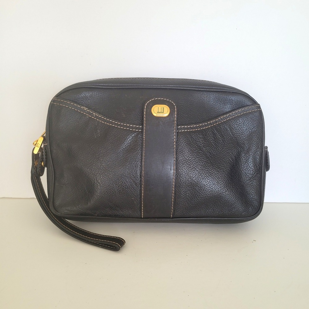 Dunhill London Men Black Pebbled Leather Wristlet Clutch Bag Made in Spain Large